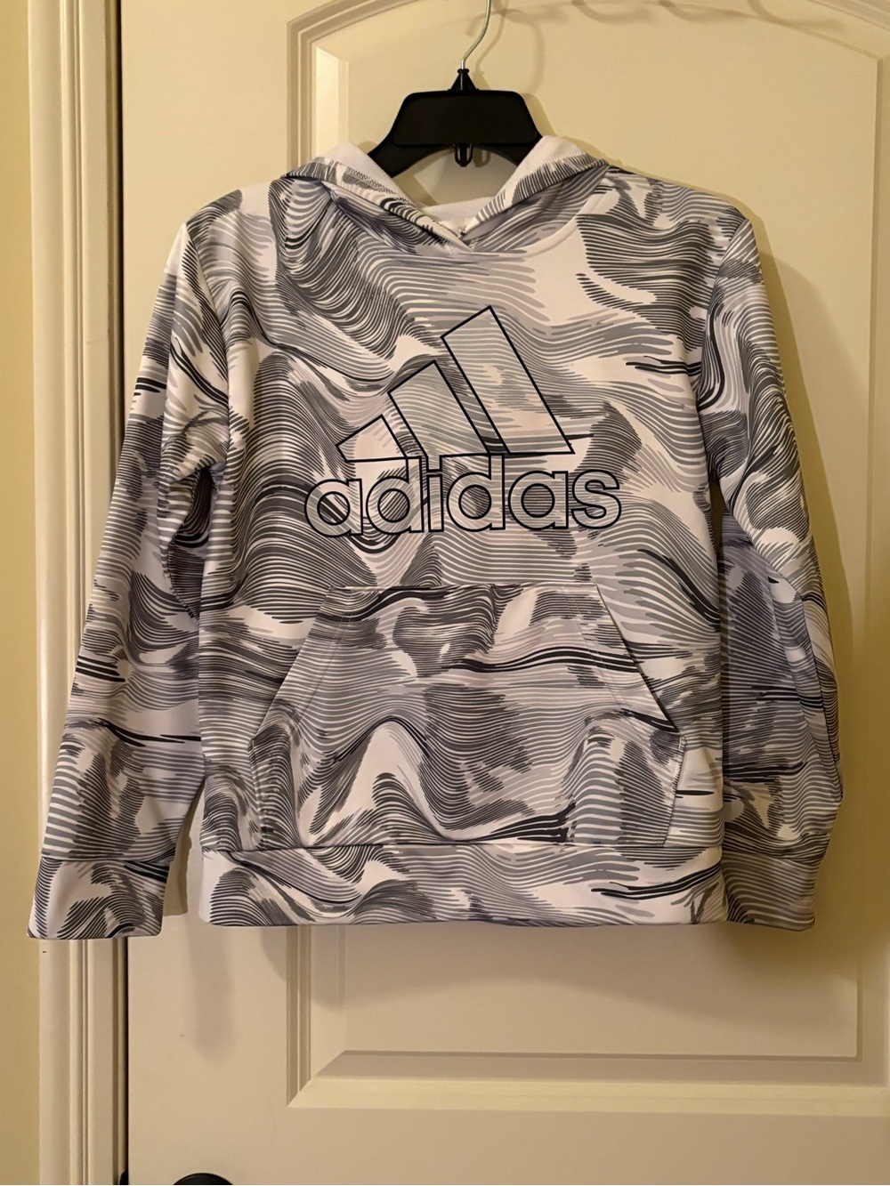 adidas White and Light Gray Striped Pullover Hoodie